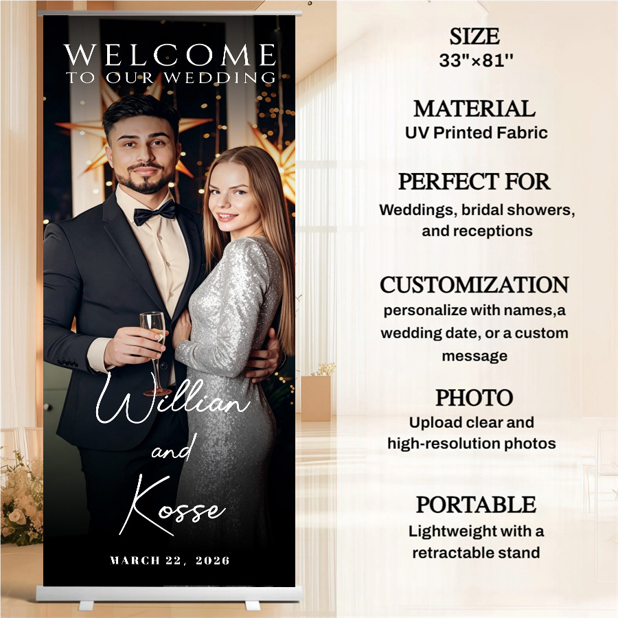 Customized wedding retractable banners - personalized photo wedding welcome signs, reception decorations and background curtains